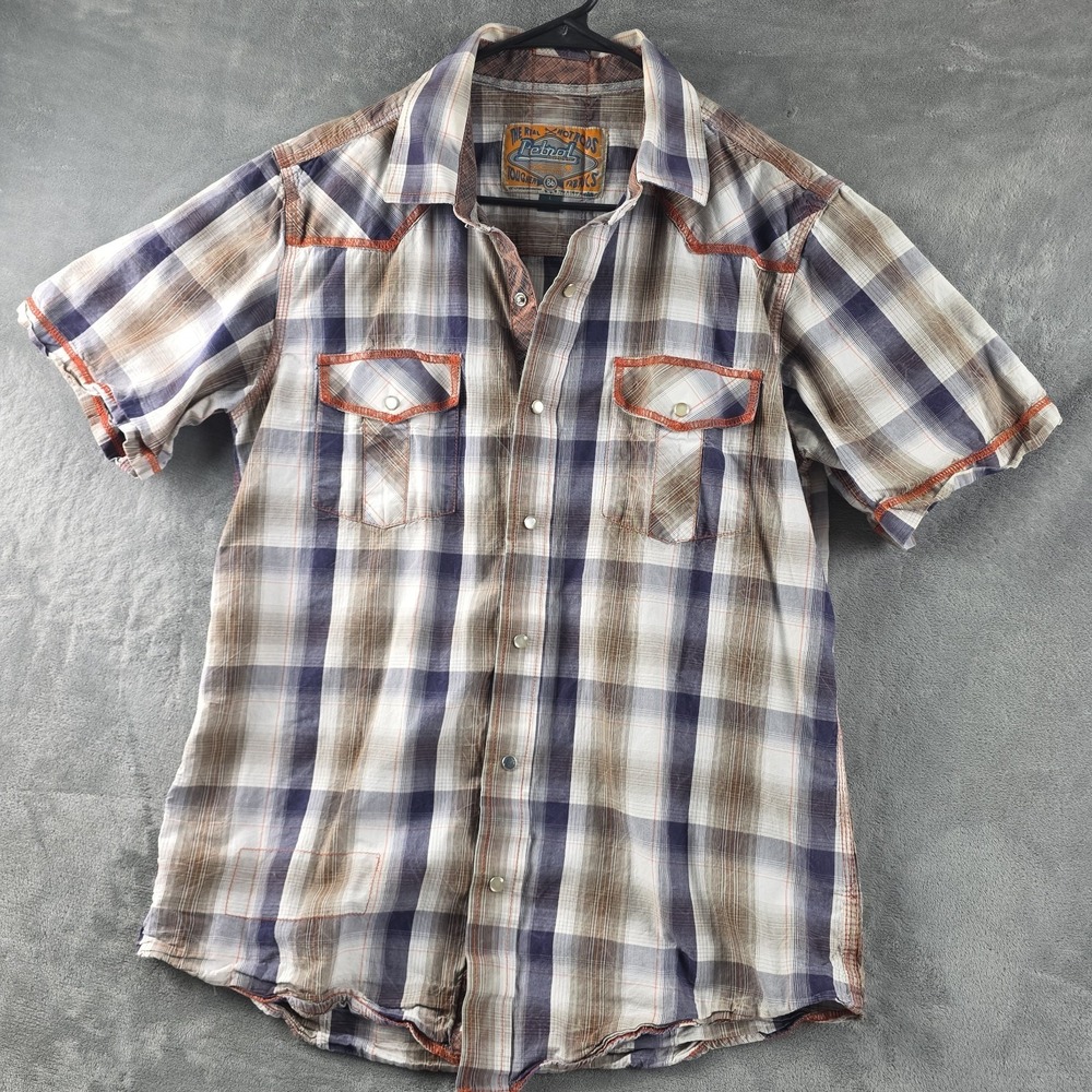 Petrol Pearl Snap‎ Shirt Men's Size L  Short Sleeve Plaid Western Rockabilly